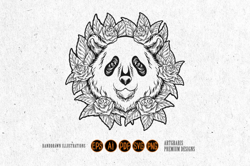 festive-floral-panda-head-dia-de-los-muertos-monochrome