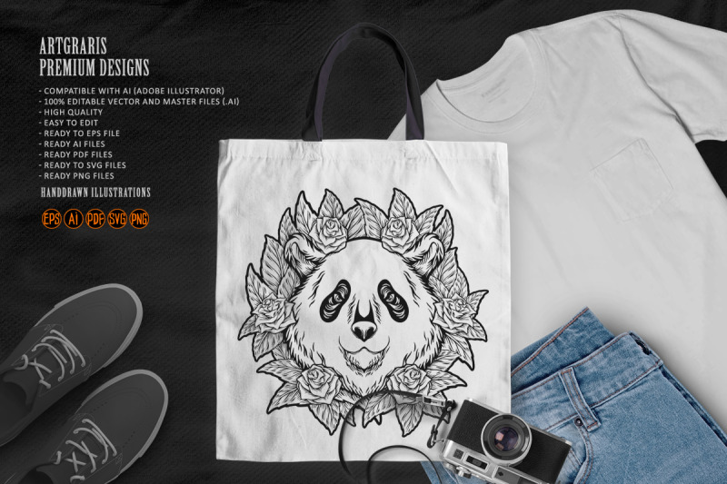 festive-floral-panda-head-dia-de-los-muertos-monochrome