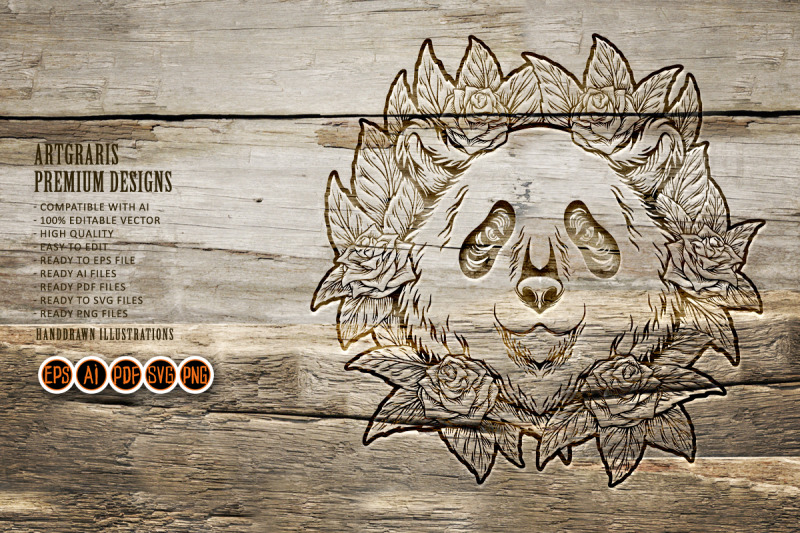 festive-floral-panda-head-dia-de-los-muertos-monochrome