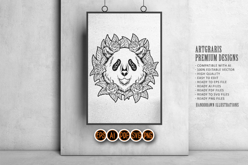 festive-floral-panda-head-dia-de-los-muertos-monochrome