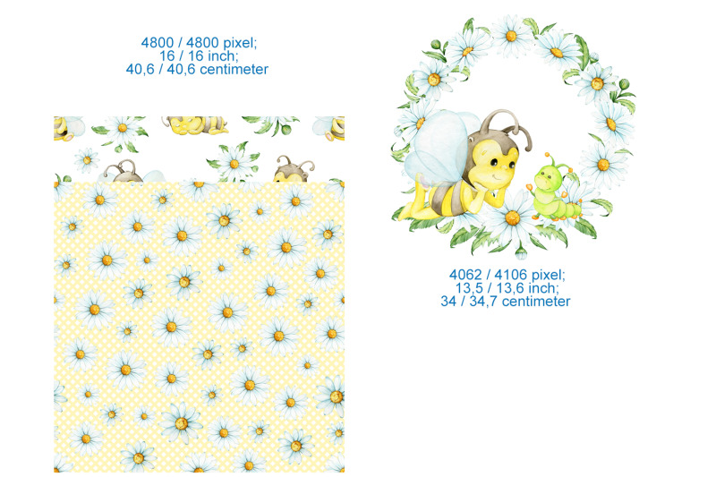 bee-daisy-wreath-watercolor-clipart-seamless-pattern-digital-paper-ins