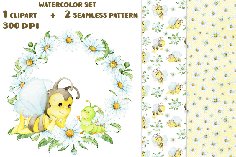 bee-daisy-wreath-watercolor-clipart-seamless-pattern-digital-paper-ins