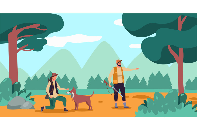 hunter-male-and-female-in-camouflage-clothes-with-dog-in-forest-outdo