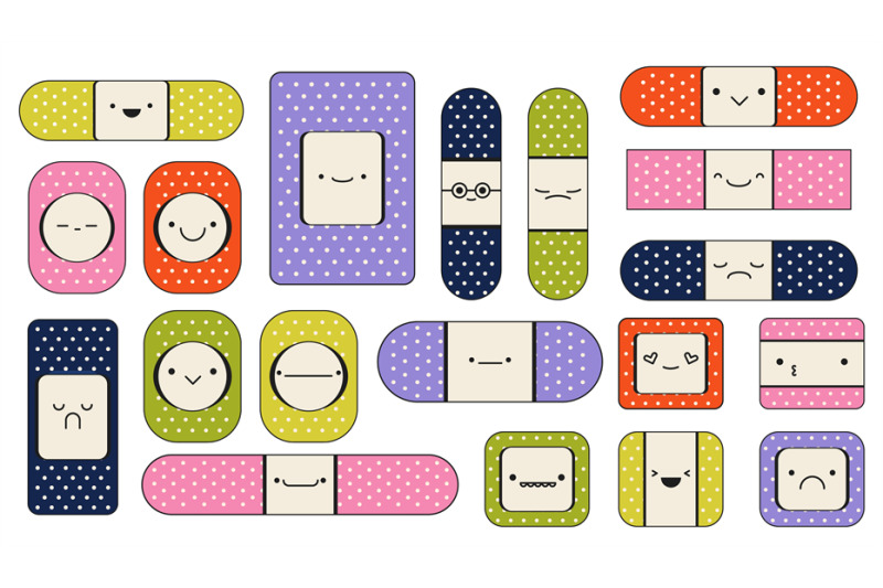 medical-plaster-character-cute-cartoon-kids-bandage-and-tape-with-fac