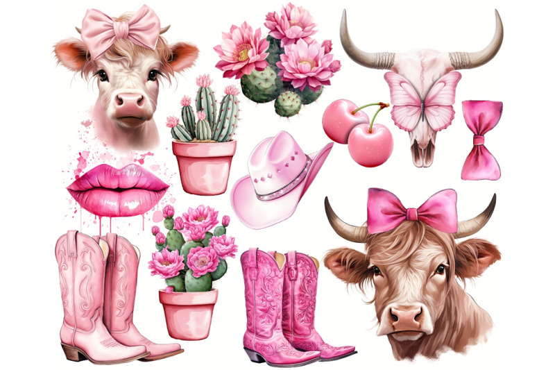 western-pink-cowgirls-clipart-bundle