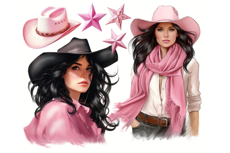 western-pink-cowgirls-clipart-bundle