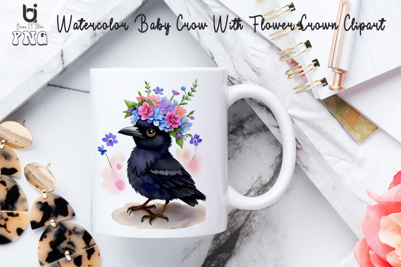 watercolor-baby-crow-with-flower-crown-clipart-bird-mug-png