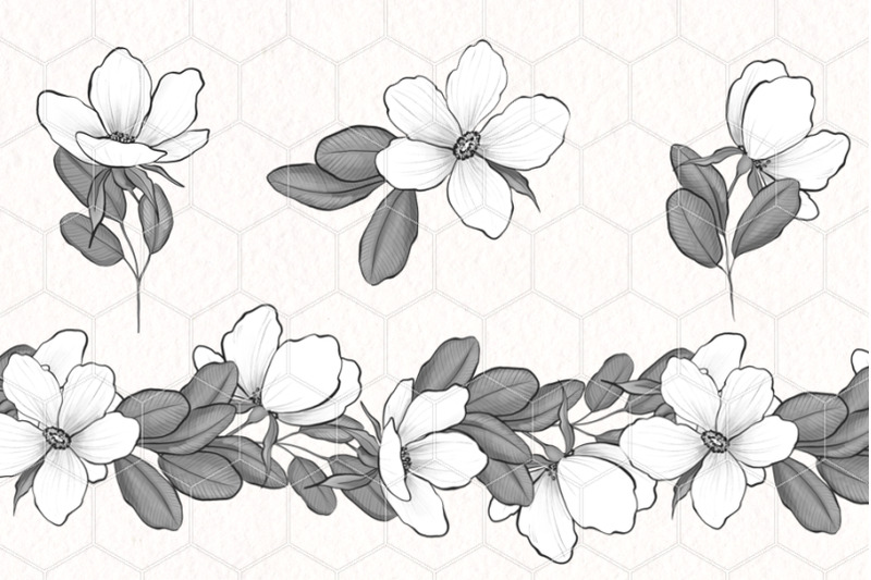 monochrome-floral-set-wreath-border-pattern-and-flowers