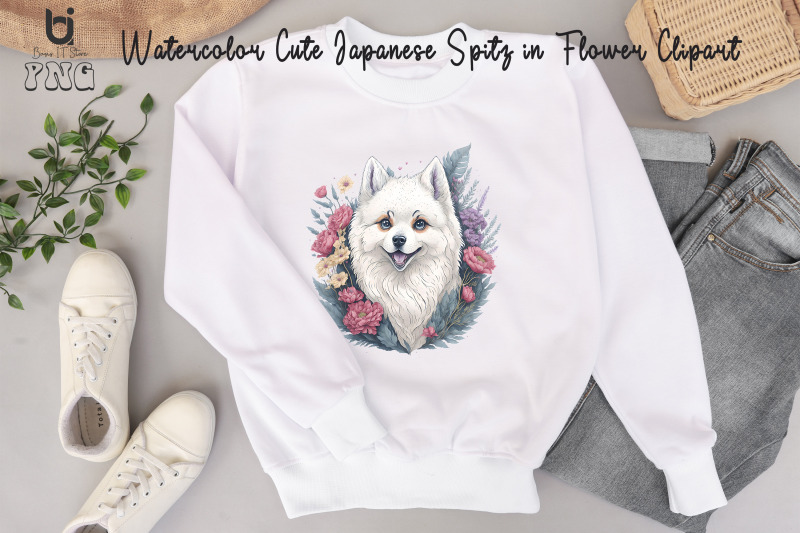 watercolor-cute-japanese-spitz-in-flower-clipart