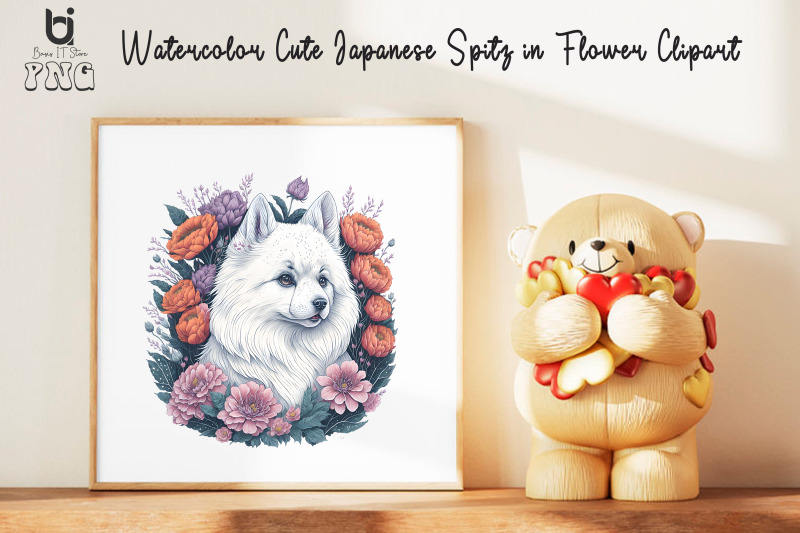 watercolor-cute-japanese-spitz-in-flower-clipart