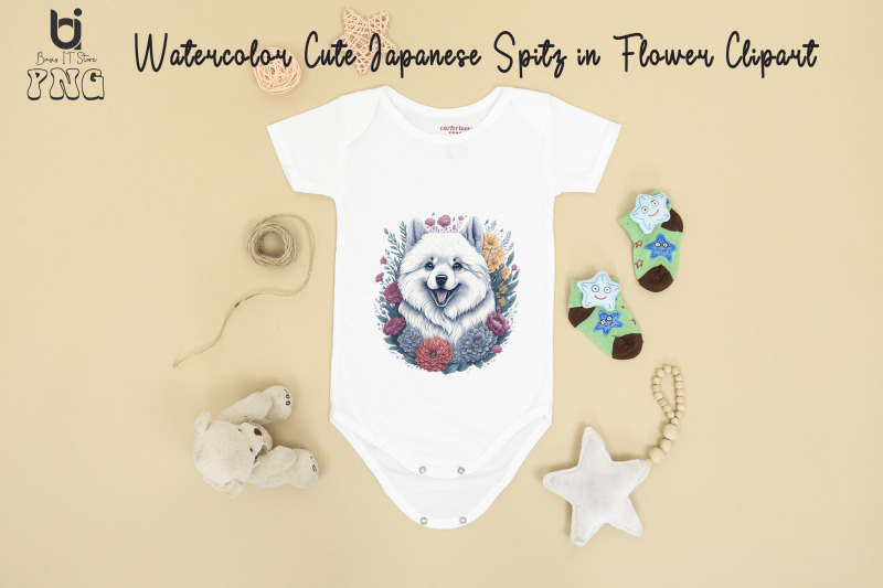 watercolor-cute-japanese-spitz-in-flower-clipart