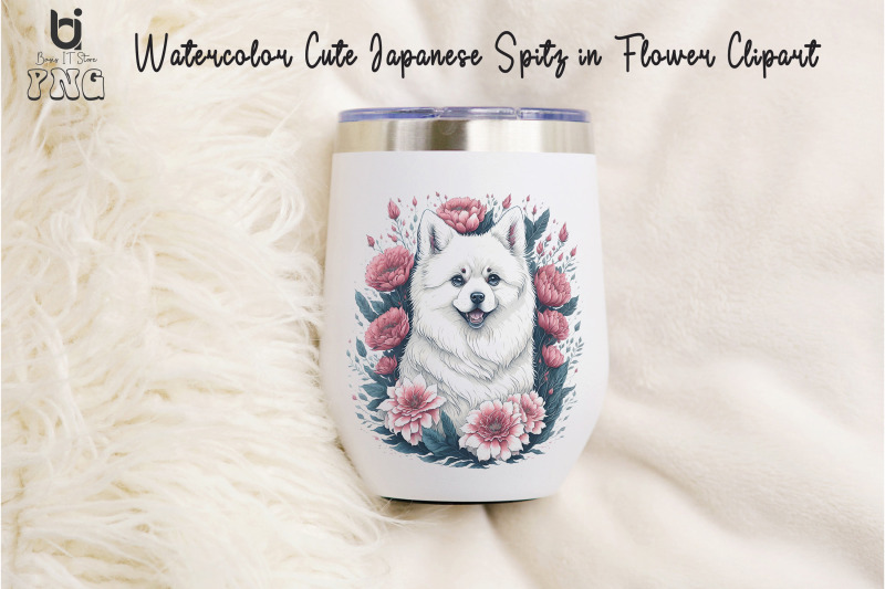 watercolor-cute-japanese-spitz-in-flower-clipart