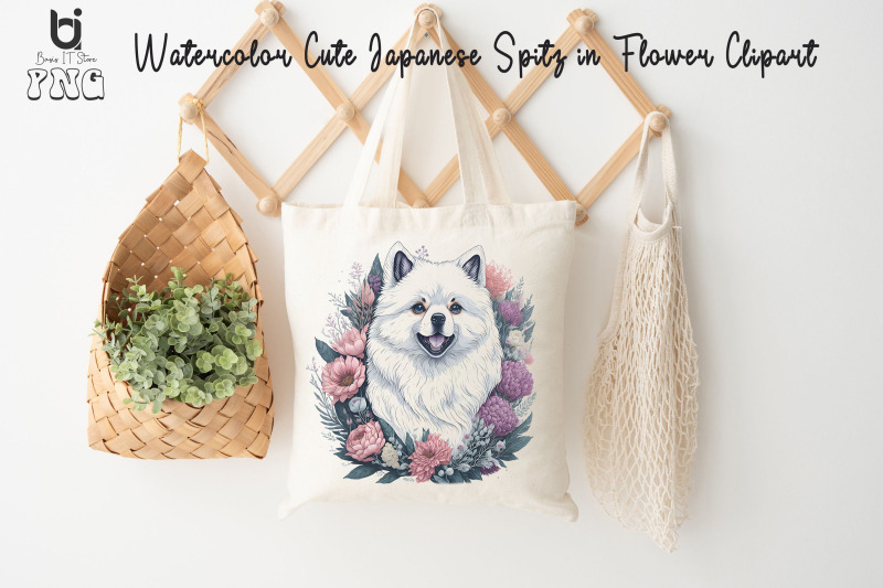 watercolor-cute-japanese-spitz-in-flower-clipart