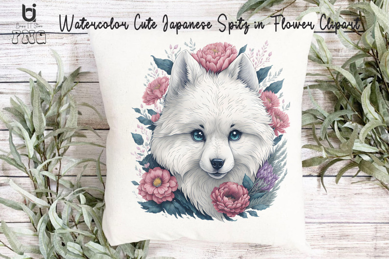 watercolor-cute-japanese-spitz-in-flower-clipart