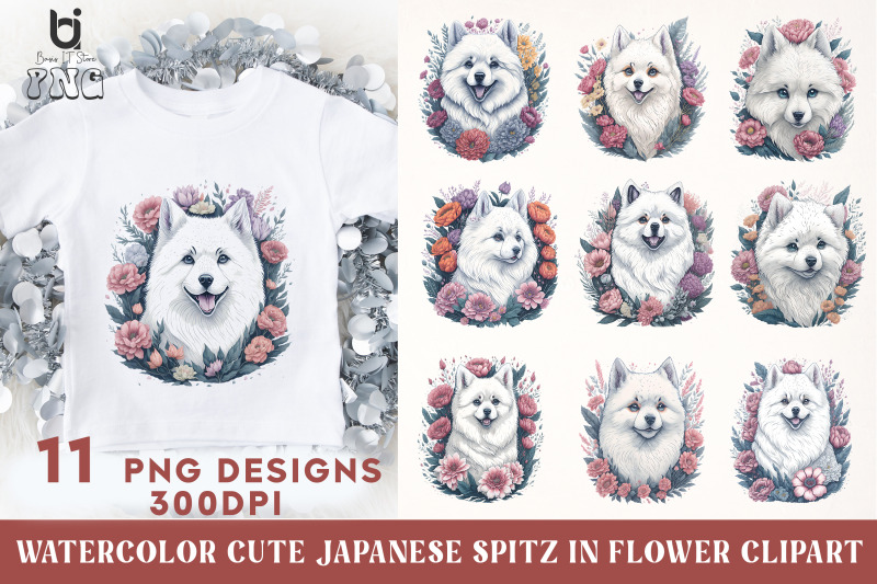 watercolor-cute-japanese-spitz-in-flower-clipart