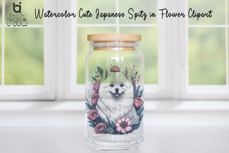 watercolor-cute-japanese-spitz-in-flower-clipart