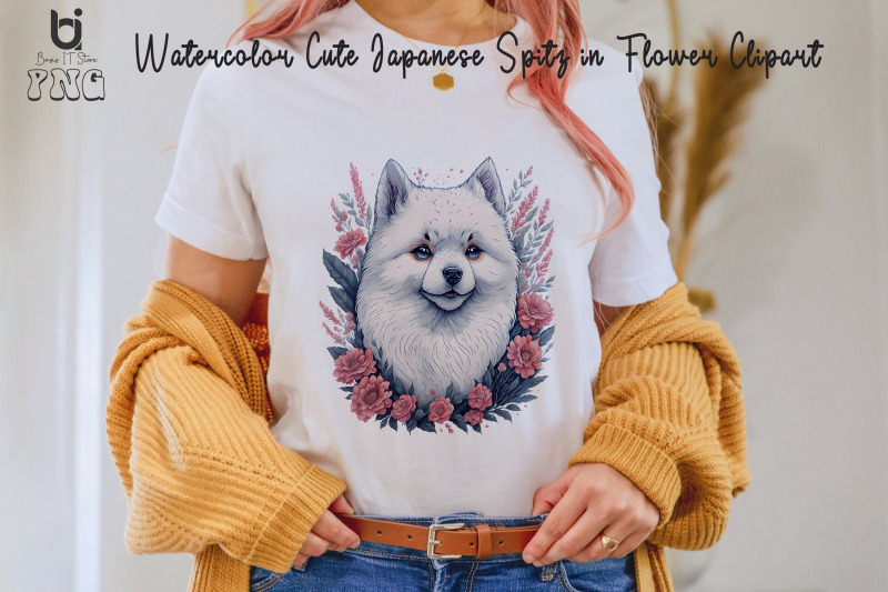 watercolor-cute-japanese-spitz-in-flower-clipart