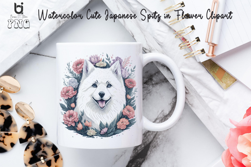 watercolor-cute-japanese-spitz-in-flower-clipart