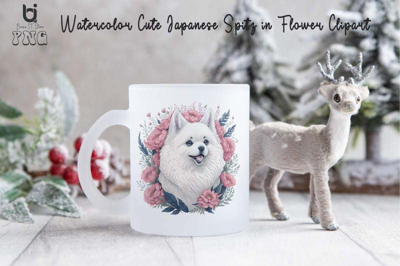 watercolor-cute-japanese-spitz-in-flower-clipart