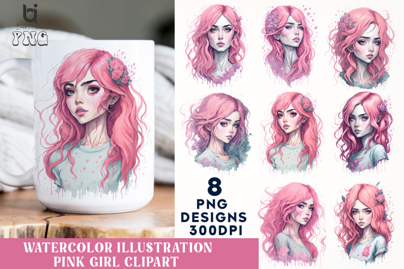 watercolor-illustration-pink-girl-clipart-mug-png-design