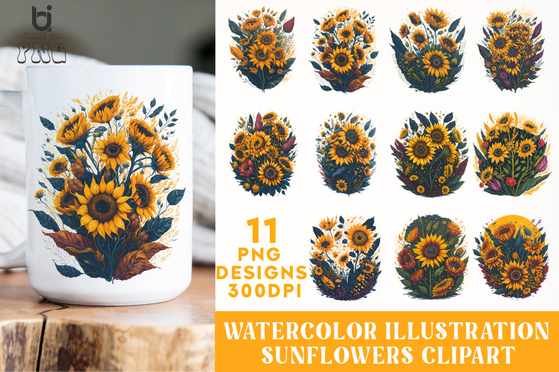 watercolor-illustration-sunflowers-clipart-mug-png-design