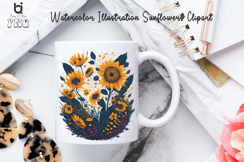 watercolor-illustration-sunflowers-clipart-mug-png-design