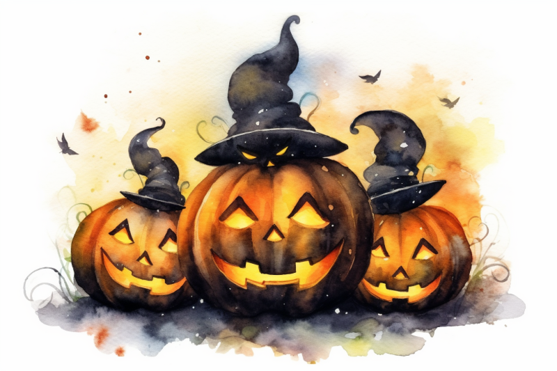 watercolor-halloween-pumpkins-wearing-nbsp-witch-hats