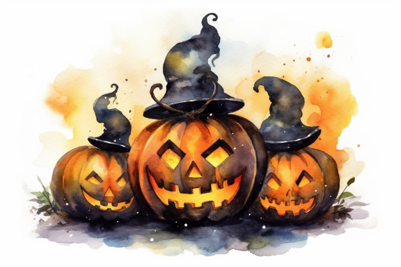 watercolor-halloween-pumpkins-wearing-witch-hats