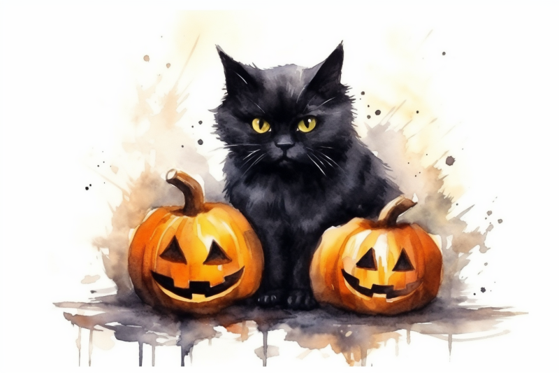 watercolor-halloween-black-cat-with-pumpkins