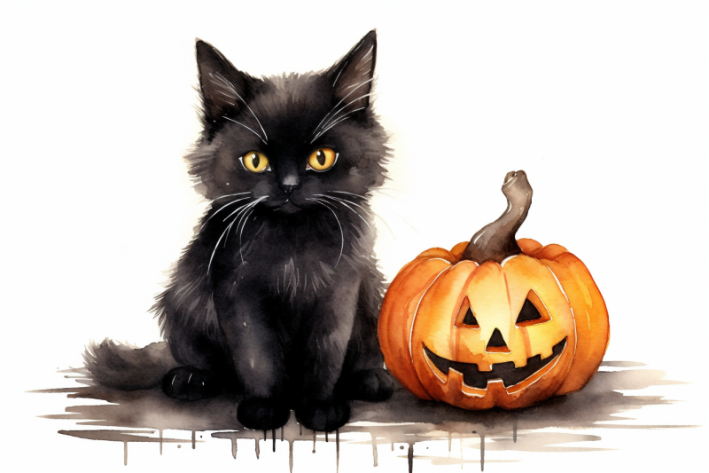 watercolor-halloween-black-cat-with-pumpkin