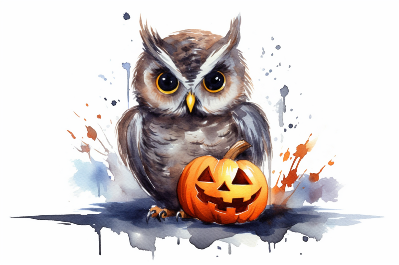 watercolor-halloween-owl-with-pumpkin