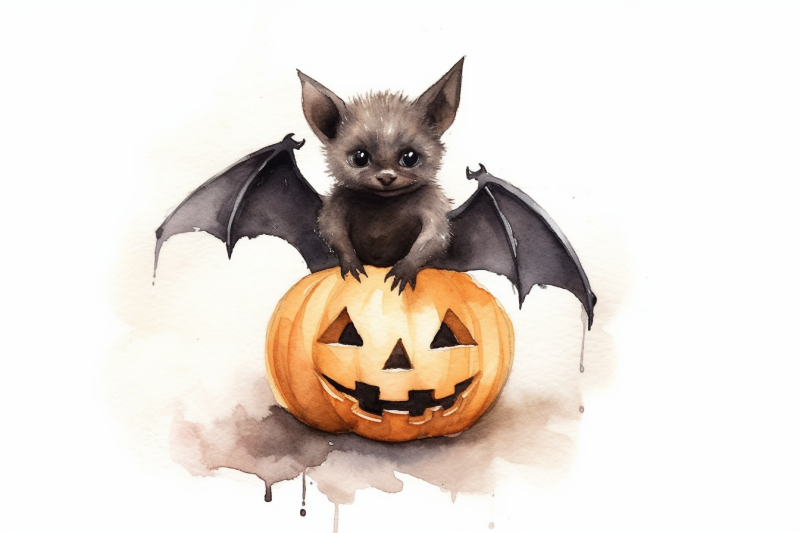 watercolor-halloween-bat-with-pumpkin