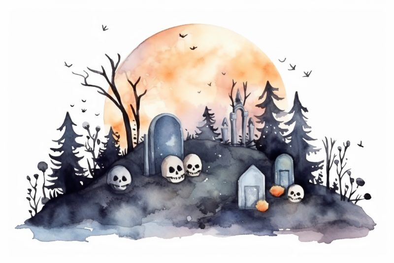 watercolor-halloween-graveyard