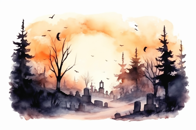watercolor-halloween-graveyard