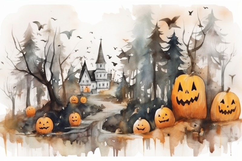 watercolor-halloween-haunted-forest