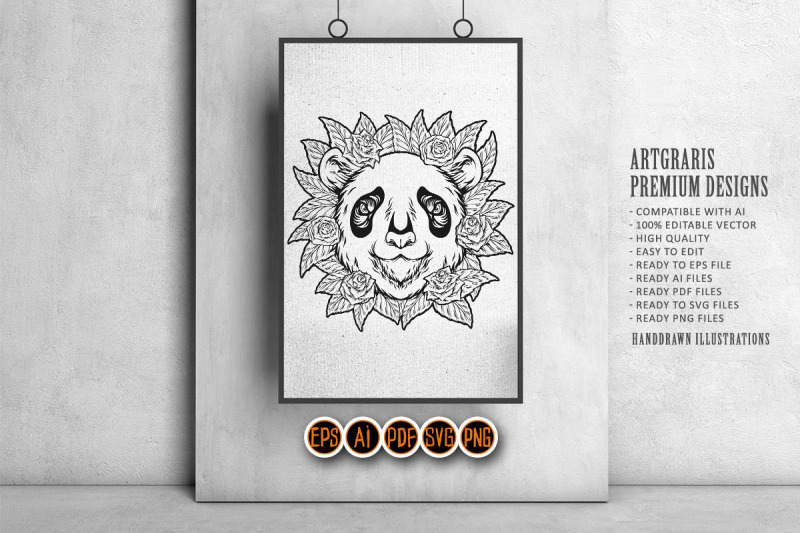 vibrant-panda-skull-floral-dia-de-los-muertos-monochrome