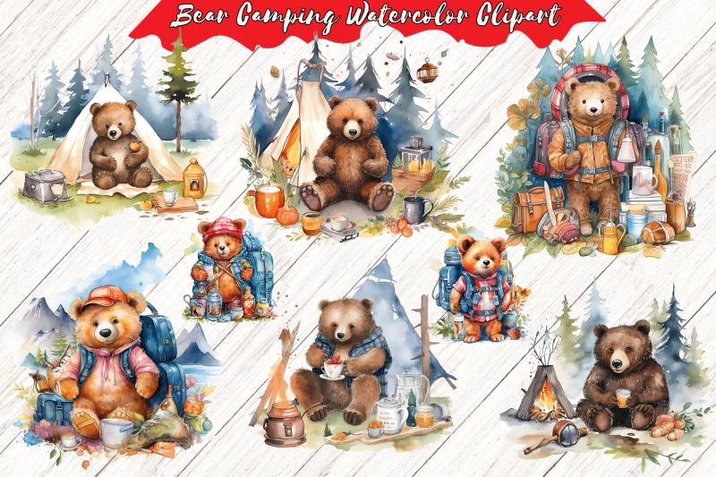 bear-camping-watercolor-clipart-collection