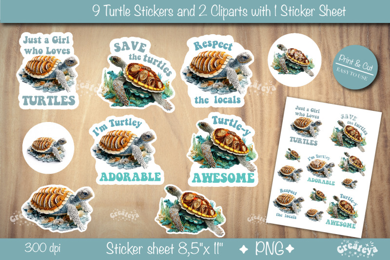 turtle-stickers-bundle-funny-sticker-printable-stickers-sheet-png