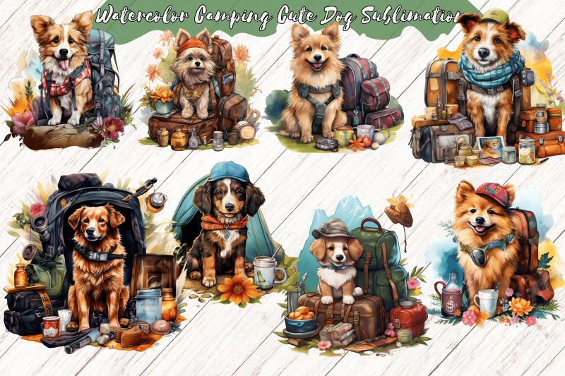 summer-adventure-watercolor-camping-cute-dog-sublimation-clipart