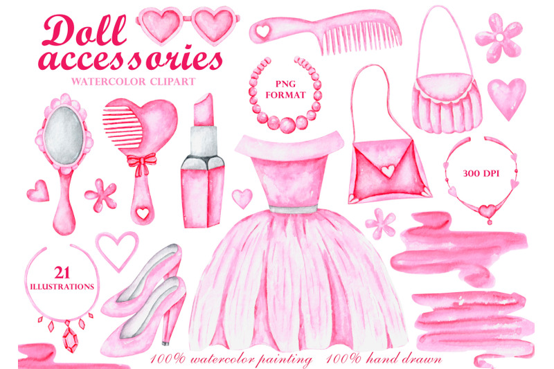 pink-doll-accessories-watercolor-clipart-girl-child-toys