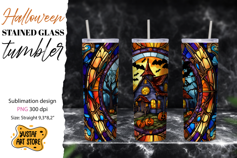 halloween-house-tumbler-sublimation-stained-glass-design