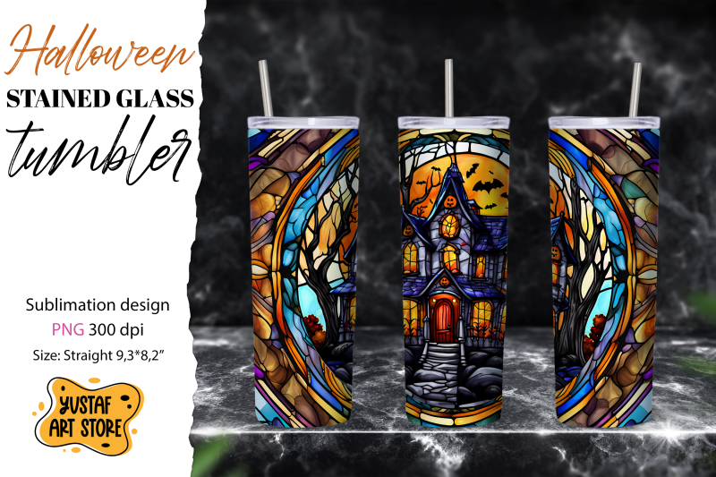 halloween-house-tumbler-wrap-stained-glass-design-png