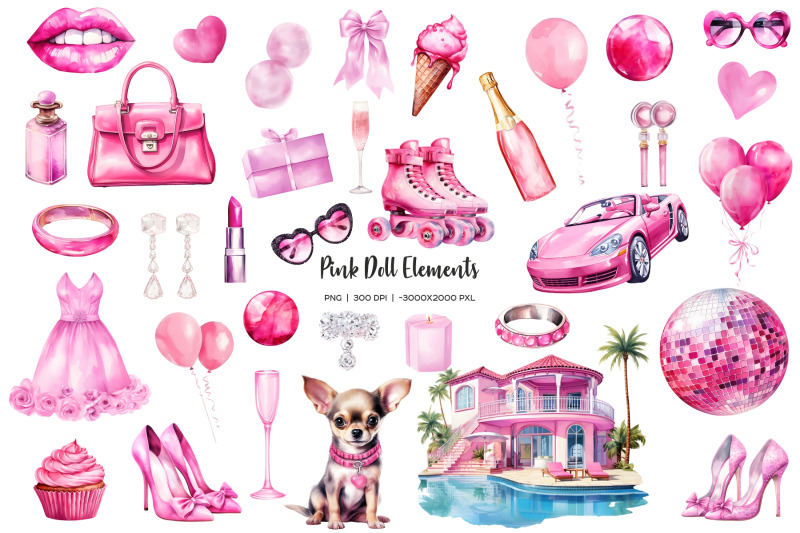 watercolor-hot-pink-fashion-doll-clipart-pink-doll-clipart-bundle-girl-doll-png-elements-hot-pink-elements-for-party-dream-doll-elements