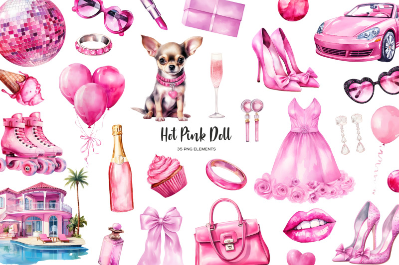 watercolor-hot-pink-fashion-doll-clipart-pink-doll-clipart-bundle-girl-doll-png-elements-hot-pink-elements-for-party-dream-doll-elements