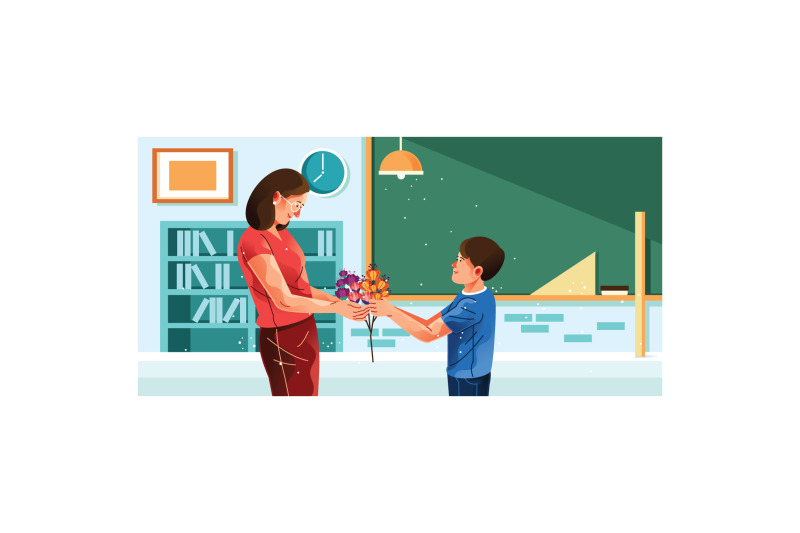 student-give-flowers-to-his-teacher-illustration