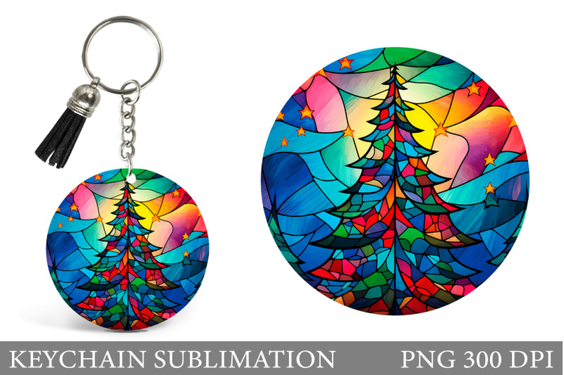 stained-glass-christmas-tree-round-keychain-sublimation
