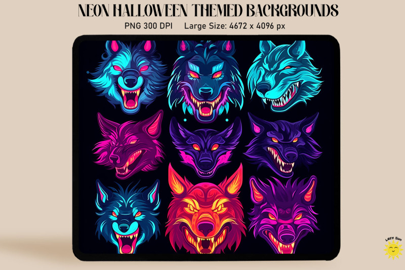 neon-werewolf-faces-glowing-halloween