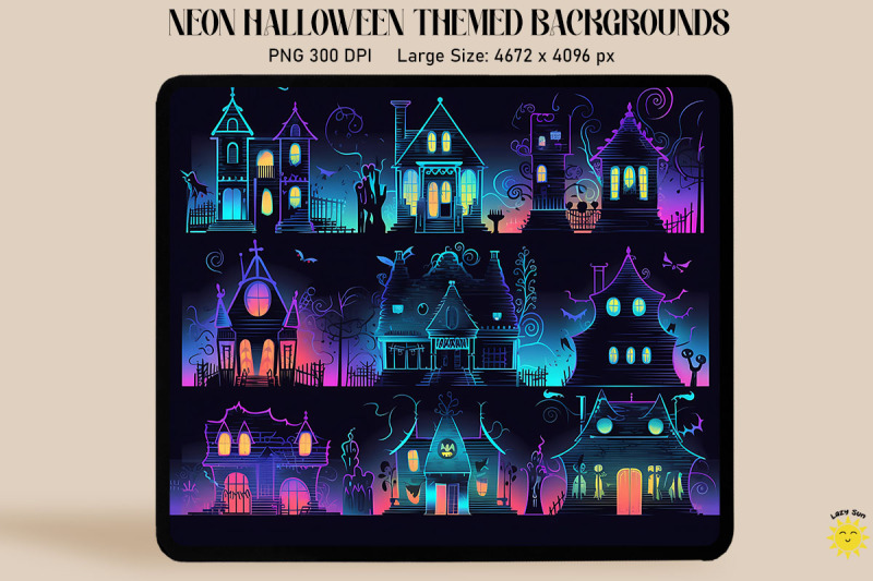 neon-haunted-house-silhouettes