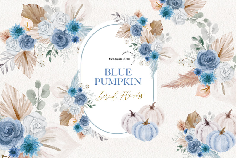 pumpkin-blue-boho-dried-floral-pampas-grass-clipart