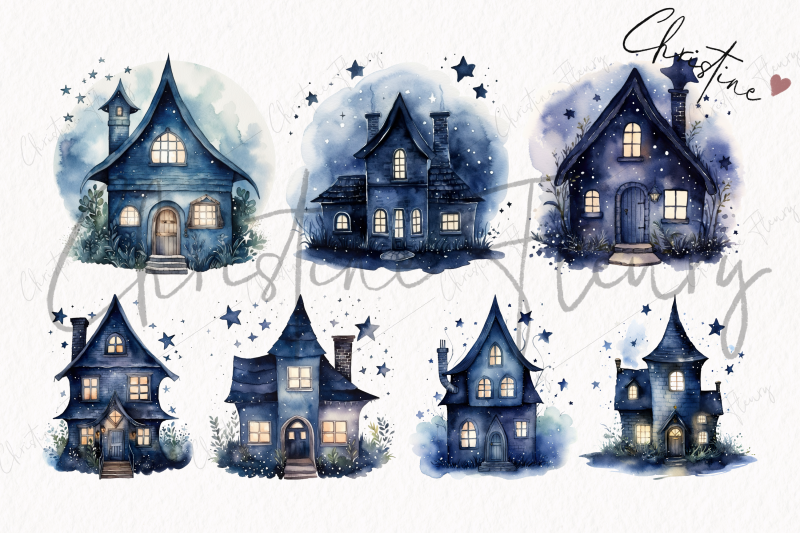 watercolor-midnight-blue-witch-cottage